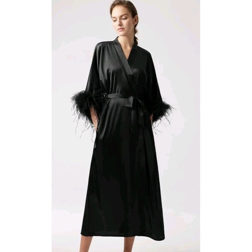 PRODESIGN Shiny Satin Kimono Long Robe Ostrich Feather Trim Black One Size Glam